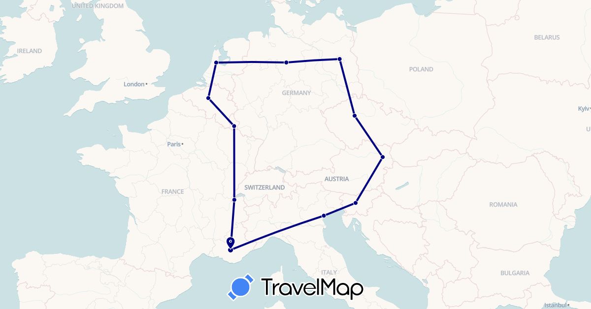 TravelMap itinerary: driving in Austria, Belgium, Switzerland, Czech Republic, Germany, France, Italy, Luxembourg, Netherlands, Slovenia (Europe)